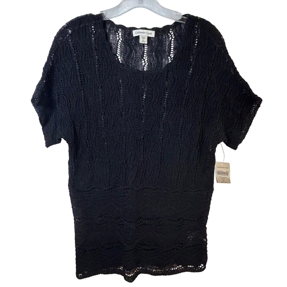 Coldwater Creek Womens Black Linen Blend Crochet Kimono Pullover Top Medium